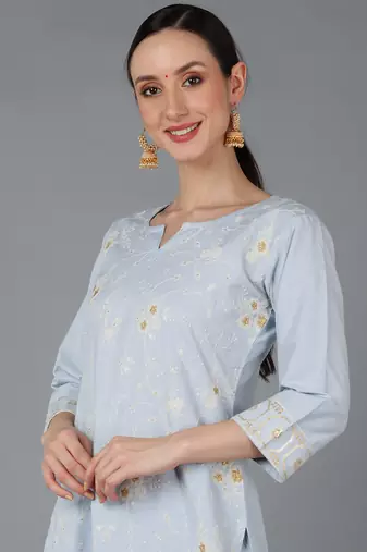 blue color embroidered pure cotton styles kurta trouser with dupatta