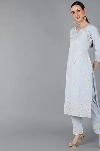 blue color embroidered pure cotton styles kurta trouser with dupatta