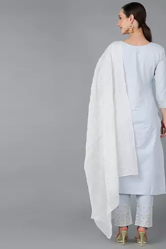 blue color embroidered pure cotton styles kurta trouser with dupatta