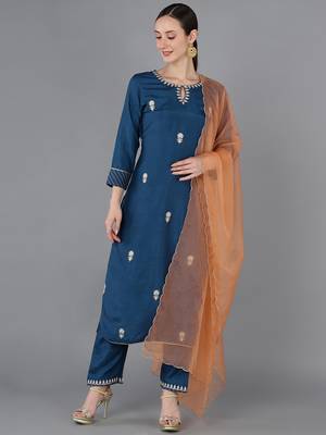teal color embroidered silk blend styles kurta trouser with dupatta 1