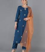 teal color embroidered silk blend styles kurta trouser with dupatta