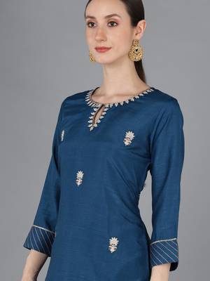 teal color embroidered silk blend styles kurta trouser with dupatta 2