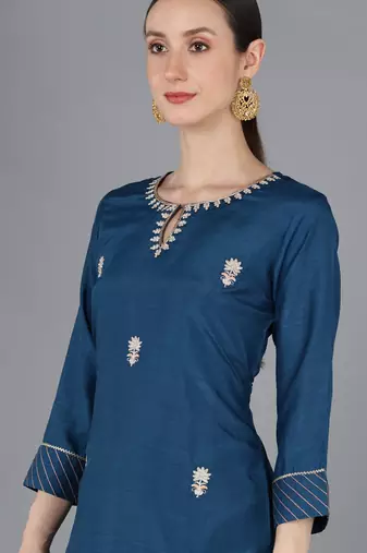 teal color embroidered silk blend styles kurta trouser with dupatta