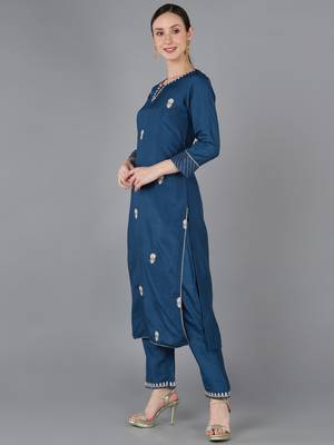 teal color embroidered silk blend styles kurta trouser with dupatta 3