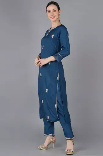 teal color embroidered silk blend styles kurta trouser with dupatta