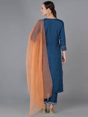 teal color embroidered silk blend styles kurta trouser with dupatta 4