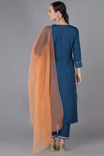 teal color embroidered silk blend styles kurta trouser with dupatta