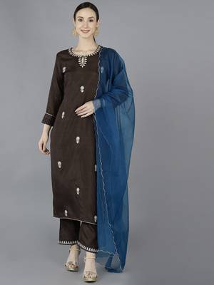 brown color embroidered silk blend styles kurta trouser with dupatta 1