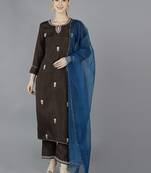 brown color embroidered silk blend styles kurta trouser with dupatta