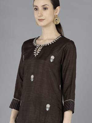 brown color embroidered silk blend styles kurta trouser with dupatta 2