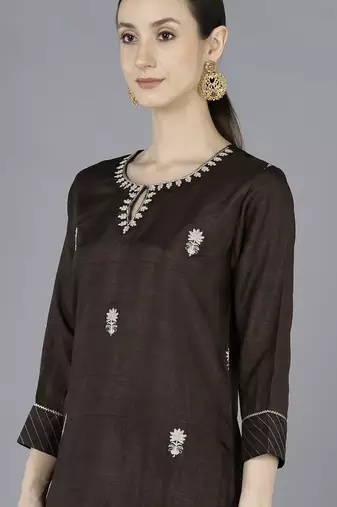 brown color embroidered silk blend styles kurta trouser with dupatta