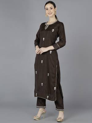 brown color embroidered silk blend styles kurta trouser with dupatta 3