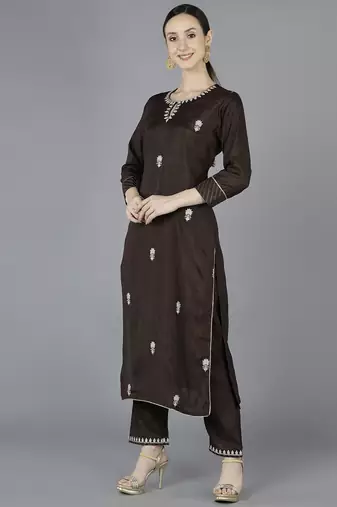 brown color embroidered silk blend styles kurta trouser with dupatta