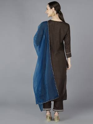 brown color embroidered silk blend styles kurta trouser with dupatta 4