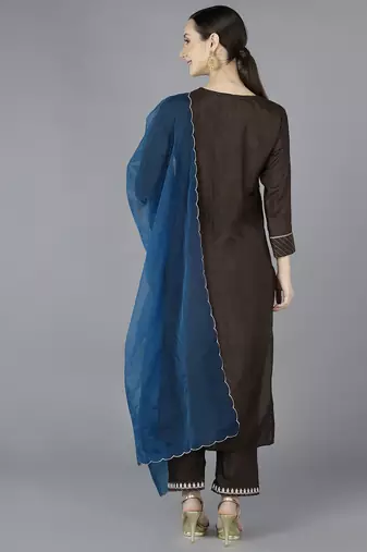 brown color embroidered silk blend styles kurta trouser with dupatta
