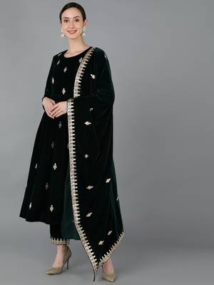 green color self design velvet styles kurta trouser with dupatta 1