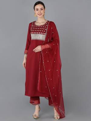 red color embroidered poly silk styles kurta trouser with dupatta 1