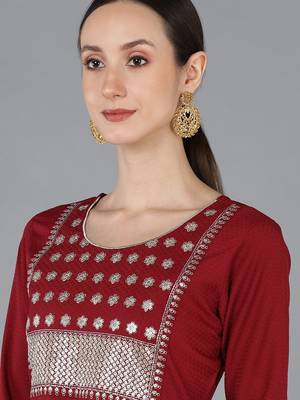 red color embroidered poly silk styles kurta trouser with dupatta 2