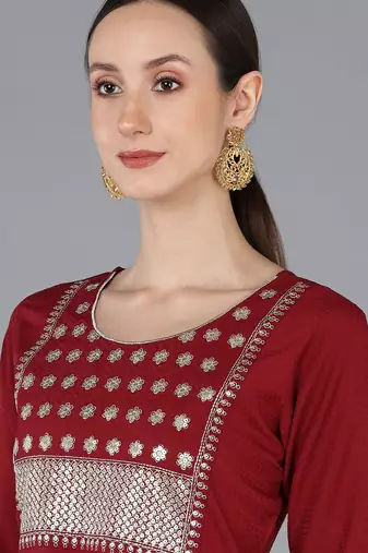red color embroidered poly silk styles kurta trouser with dupatta