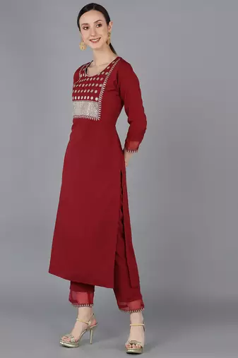 red color embroidered poly silk styles kurta trouser with dupatta