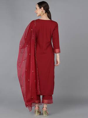 red color embroidered poly silk styles kurta trouser with dupatta 4