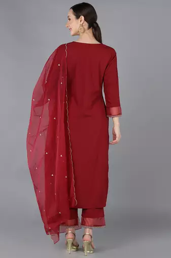 red color embroidered poly silk styles kurta trouser with dupatta