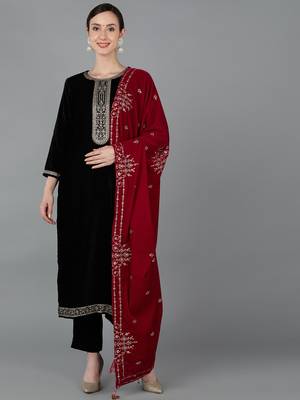 black color embroidered velvet styles kurta trouser with dupatta 1