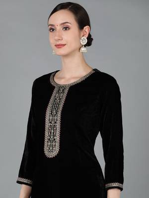 black color embroidered velvet styles kurta trouser with dupatta 2