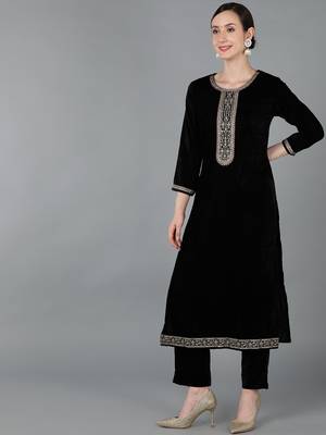 black color embroidered velvet styles kurta trouser with dupatta 3