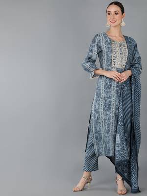 charcoal color dyed silk blend styles kurta trouser with dupatta 1
