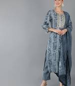 charcoal color dyed silk blend styles kurta trouser with dupatta