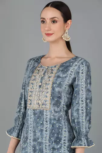charcoal color dyed silk blend styles kurta trouser with dupatta