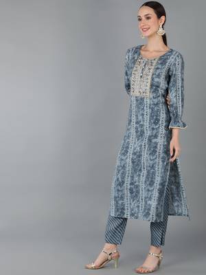 charcoal color dyed silk blend styles kurta trouser with dupatta 3