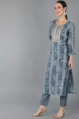 charcoal color dyed silk blend styles kurta trouser with dupatta