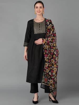 black color embroidered silk blend styles kurta trouser with dupatta 1