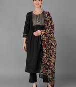 black color embroidered silk blend styles kurta trouser with dupatta