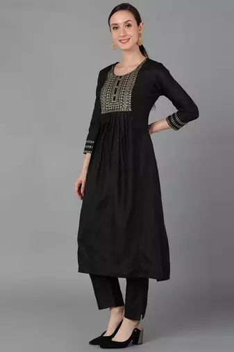 black color embroidered silk blend styles kurta trouser with dupatta