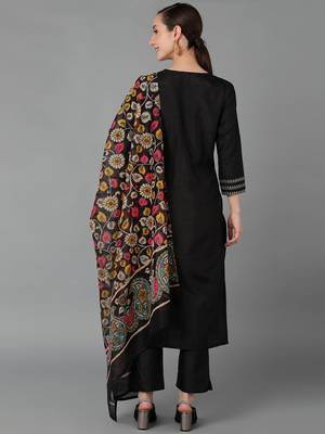 black color embroidered silk blend styles kurta trouser with dupatta 4