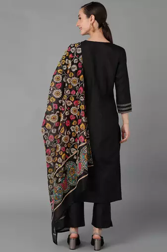black color embroidered silk blend styles kurta trouser with dupatta