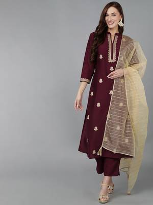 magenta color embroidered silk blend styles kurta trouser with dupatta 1