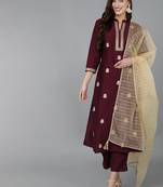 magenta color embroidered silk blend styles kurta trouser with dupatta