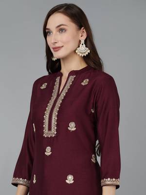 magenta color embroidered silk blend styles kurta trouser with dupatta 2