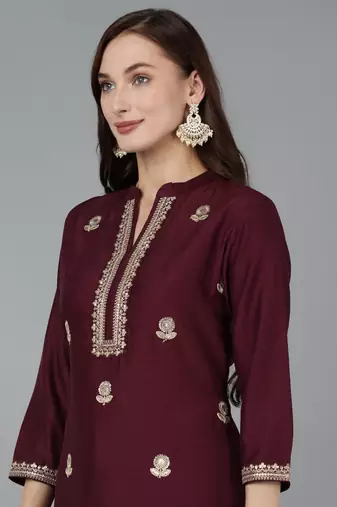 magenta color embroidered silk blend styles kurta trouser with dupatta