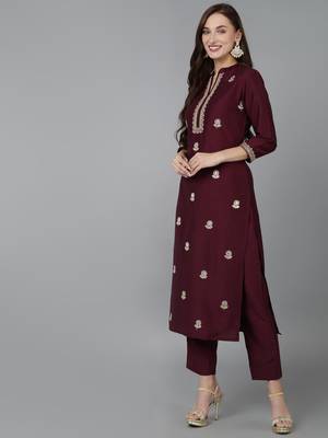 magenta color embroidered silk blend styles kurta trouser with dupatta 3