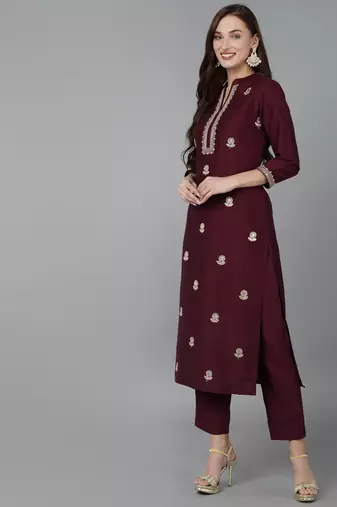magenta color embroidered silk blend styles kurta trouser with dupatta