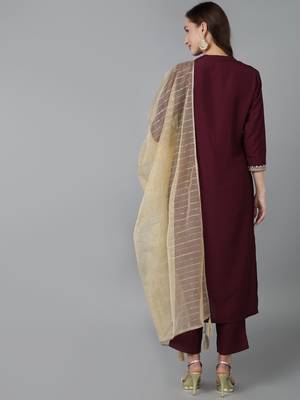 magenta color embroidered silk blend styles kurta trouser with dupatta 4