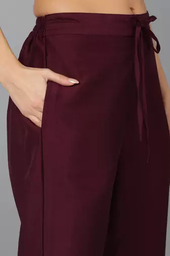 magenta color embroidered silk blend styles kurta trouser with dupatta
