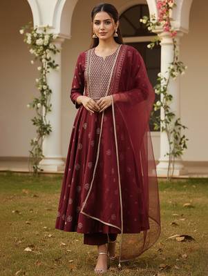 maroon color embroidered silk blend styles kurta palazzo with dupatta 1
