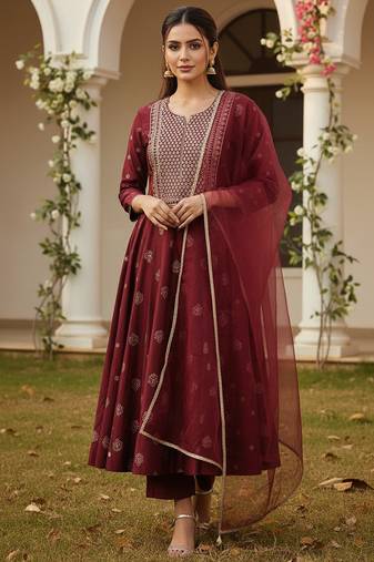 maroon color embroidered silk blend styles kurta palazzo with dupatta