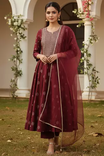 maroon color embroidered silk blend styles kurta palazzo with dupatta